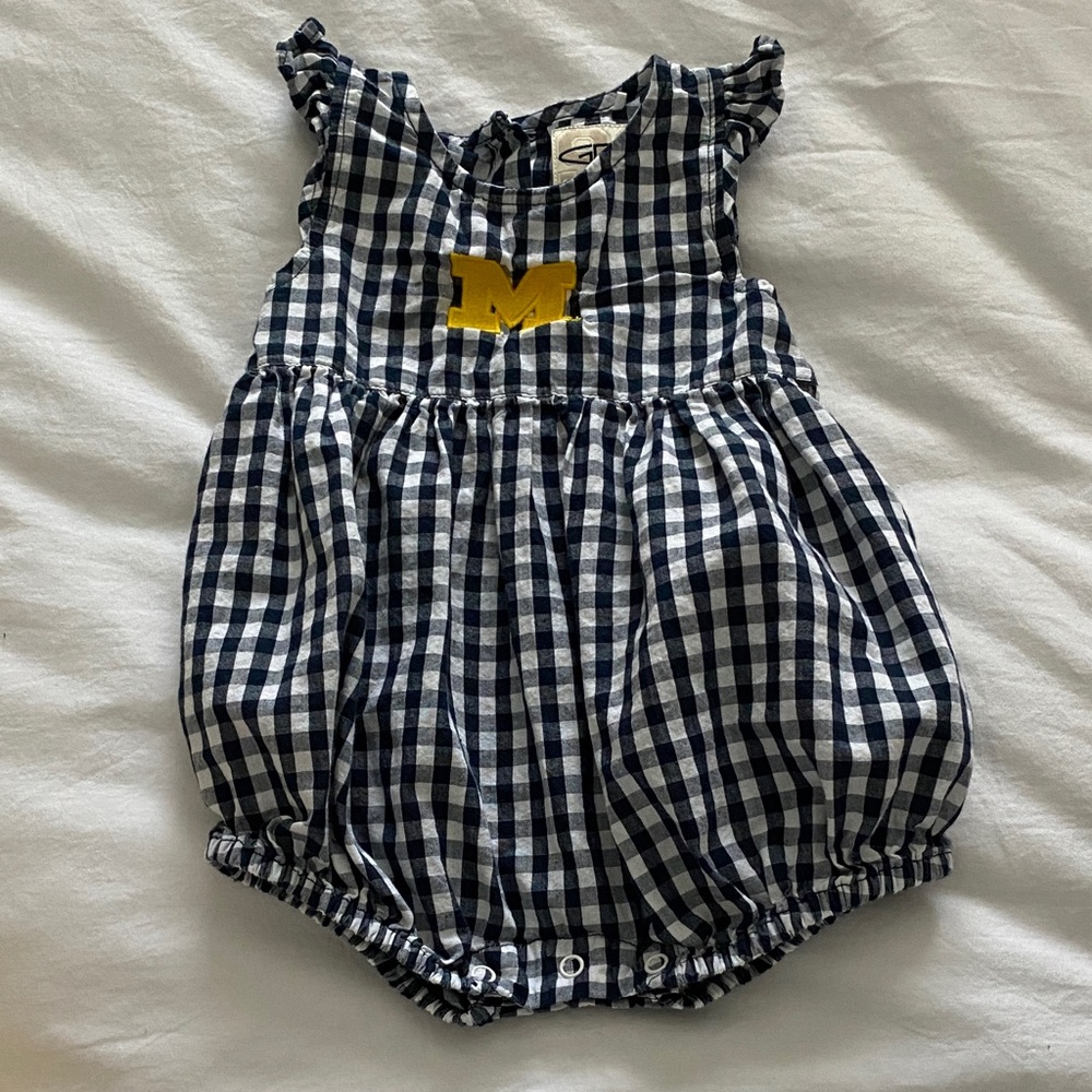 Navy & White Gingham Baby Bubble Romper with Yellow 'M'